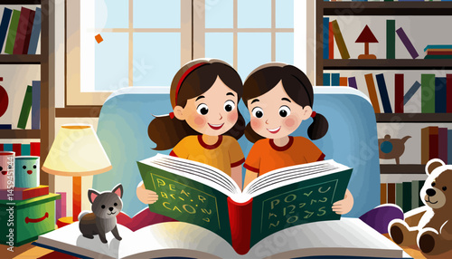 Two_Cute_Girls_Reading_a_Book_Together_in_a_Cozy_Room_with_Bookshelves_Toys_and_a_Dog_Illustration_Childrens_Literature_Educational_Image_Reading_Companions