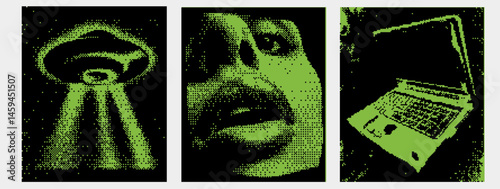 3 pixel backgrounds with bitmap style. Halftone dada zine. Dadaism template poster with ufo and woman face and laptop screen. Green y2k acid element