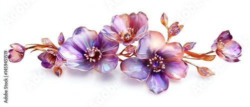 Generative AI, beautiful light violet, lavender color flowers brooch, opal stone and golden color palette isolated on white background Bijouterie, jewelry close up