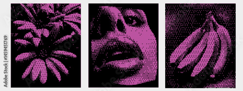 3 pixel backgrounds with bitmap style. Halftone dada zine. Dadaism template poster with banana and woman face and flowers. Pink y2k acid elements