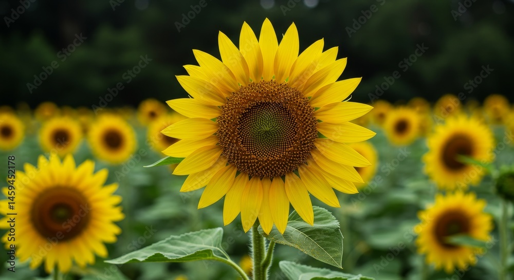 Fototapeta premium Radiant Sunflower in Summer Field - A single, vibrant sunflower blooms brightly, symbolizing joy, warmth, summer, nature, and growth. The rich green background enhances its radiant beauty