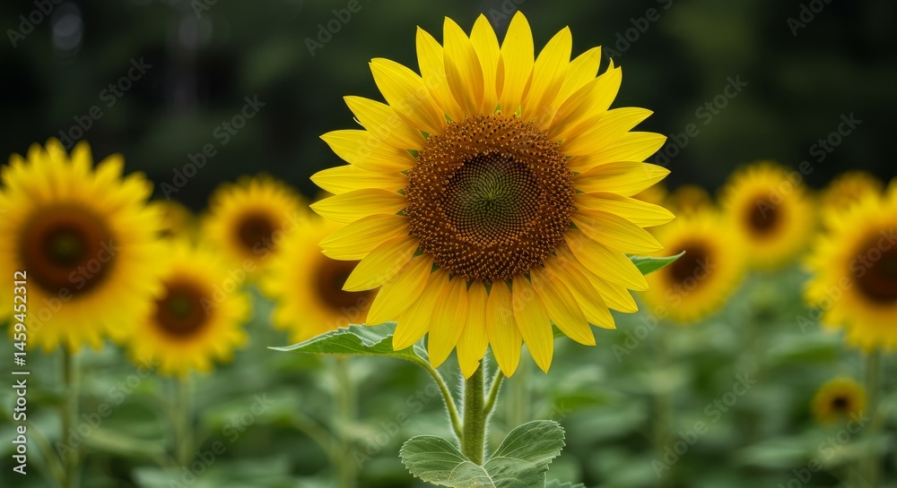 Fototapeta premium Radiant Sunflower in Summer Field - A single, vibrant sunflower in full bloom dominates the foreground, surrounded by a field of its brethren. It symbolizes happiness, summer, warmth, nature's beauty