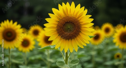 Radiant Sunflower in Summer Field - A single, vibrant sunflower in full bloom dominates the foreground, surrounded by a field of its brethren. It symbolizes happiness, summer, warmth, nature's beauty