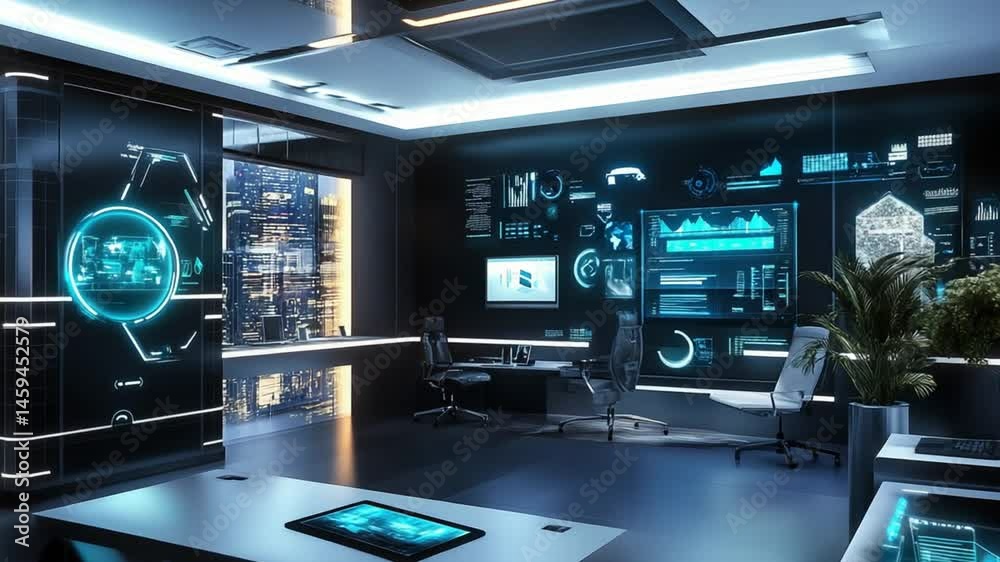 Futuristic Command Center Interior with Advanced Technology Displays and City View Futuristic Command Center Interior with Advanced Technology Displays and City View