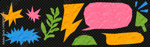 Kit of scrapbook crumpled elements. Set of vector isolated illustrations. Zine popart cartoon cactus and heart and crown . Isolated at the transparent bg as a png