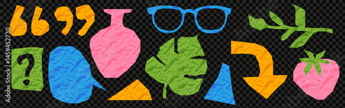 Collection of scrapbook crumpled elements. Set of vector isolated illustrations. Zine popart cartoon glasses, marks and vase . Isolated at the transparent bg as a png
