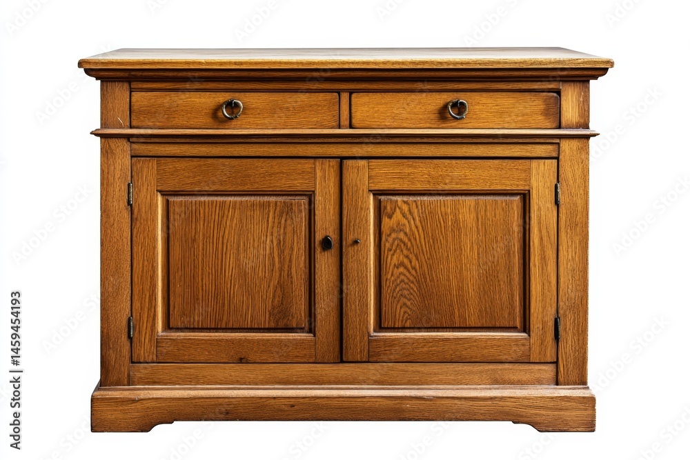 Wooden cabinet with two drawers and two doors.  Solid wood construction, light brown finish, classic design