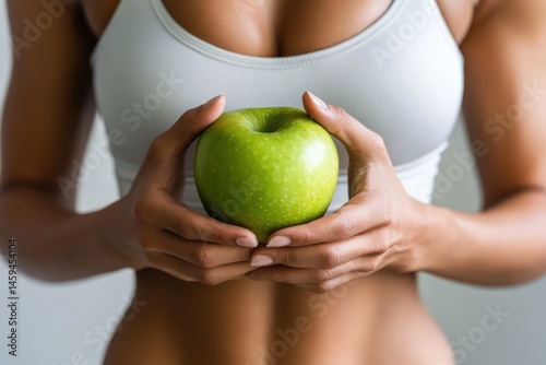 Fit Woman Holding Green Apple in Activewear photo