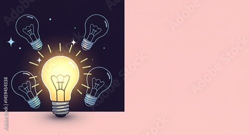 cute cartoon illustration, single glowing lightbulb among shut off bulbs in dark area, symbolizing creative thinking, on left side with holographic style and sparkling light