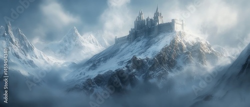 Castle on snowy mountain peak in winter mist