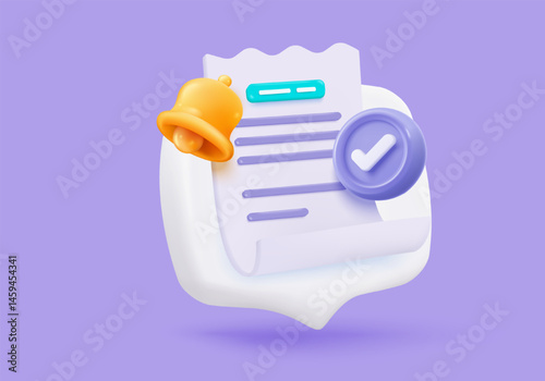 3D bill icon with clock alarm notice for promotion payment transaction. Business invoice order expenses idea for accounting in store concept. 3d receipt list icon vector render illustration