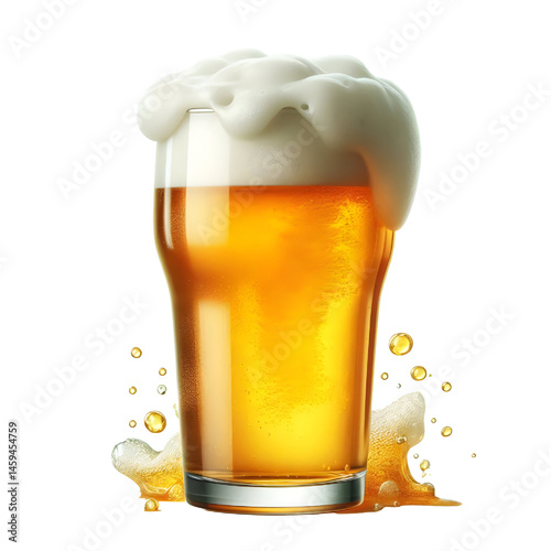 A clear pint glass brimming with golden beer and a creamy foam top isolate on White background
