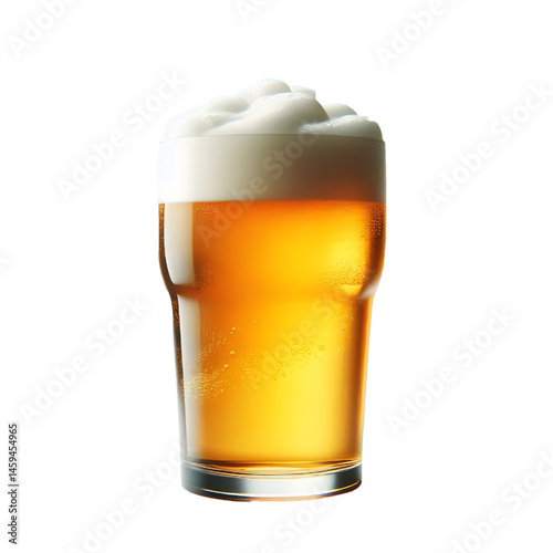 A clear pint glass brimming with golden beer and a creamy foam top isolate on White background