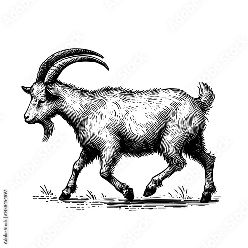 vintage black and white ink illustrations of goat in various poses, isolated on white background, rustic countryside farm style, detailed sketch.