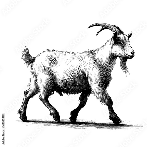 vintage black and white ink illustrations of goat in various poses, isolated on white background, rustic countryside farm style, detailed sketch.