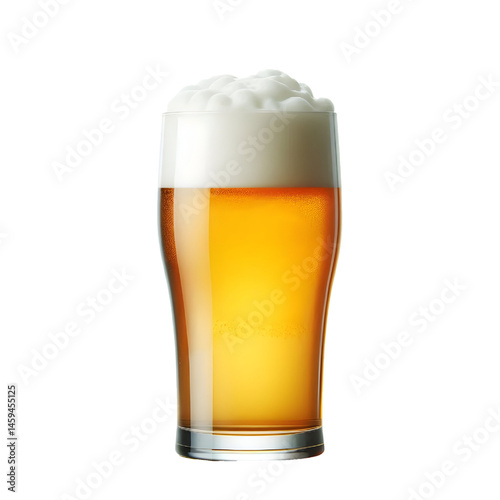 A clear pint glass brimming with golden beer and a creamy foam top isolate on White background