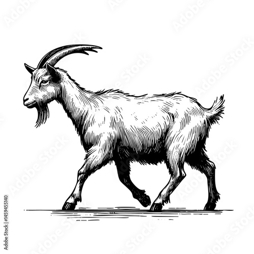 vintage black and white ink illustrations of goat in various poses, isolated on white background, rustic countryside farm style, detailed sketch.