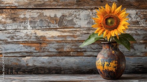 One sunflower in a rustic ceramic vase, set against a weathered wooden table.