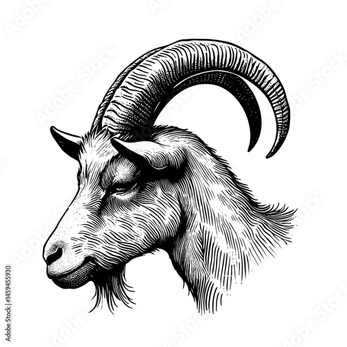 vintage black and white ink illustrations of goat in various poses, isolated on white background, rustic countryside farm style, detailed sketch.
