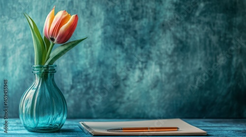 One tulip in a translucent blue vase beside a notebook and pen on a desk.