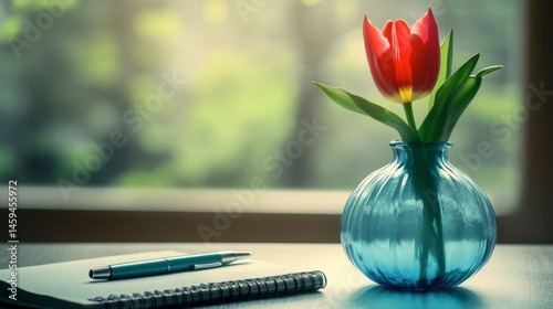 One tulip in a translucent blue vase beside a notebook and pen on a desk.