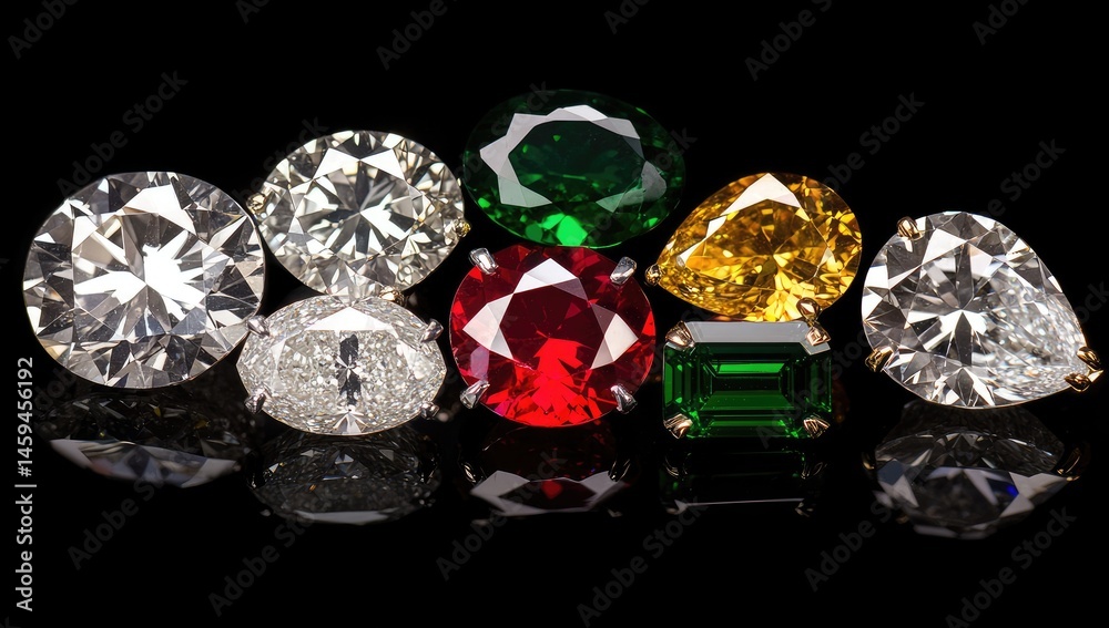 A collection of precious gems in various cuts and colors, including diamonds, emeralds, rubies, and sapphires, arranged on a black background. Reflections of the gems are visible on the surface below A collection of precious gems in various cuts and colors, including diamonds, emeralds, rubies, and sapphires, arranged on a black background. Reflections of the gems are visible on the surface below