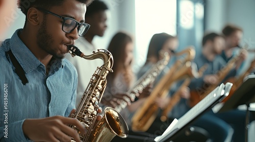 Talented saxophonist performing in music class