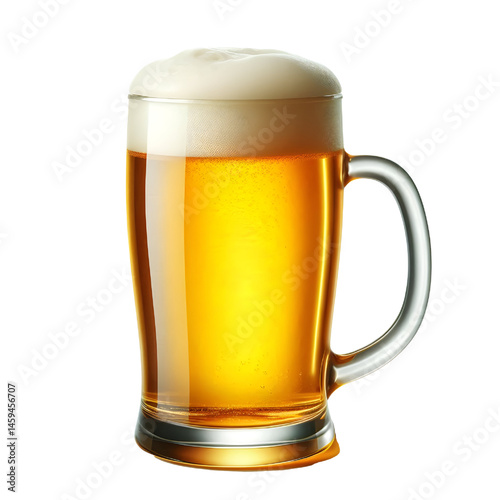 A clear pint glass brimming with golden beer and a creamy foam top isolate on White background