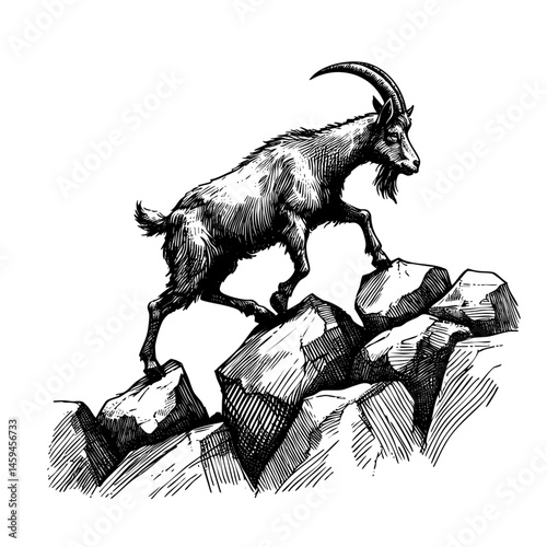 vintage black and white ink illustrations of goat in various poses, isolated on white background, rustic countryside farm style, detailed sketch.