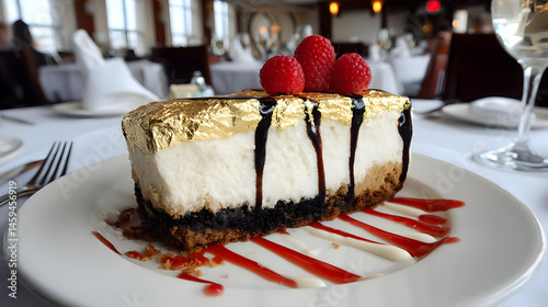 presentation with chocolate mousse gold leaf and raspberry coulis