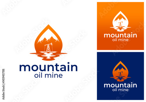 oil drop logo with mining rig in the mountains
