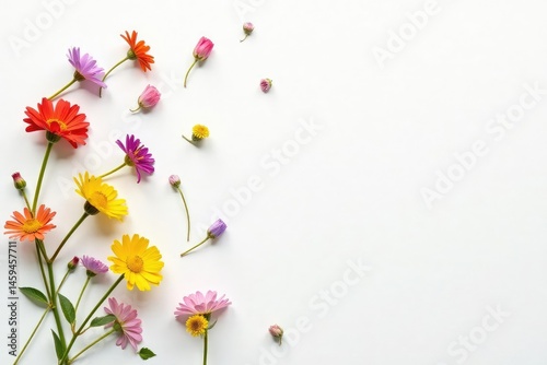 Delicate, scattered wildflowers on white background, soft, nature