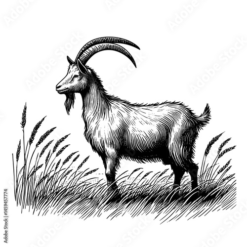 vintage black and white ink illustrations of goat in various poses, isolated on white background, rustic countryside farm style, detailed sketch.