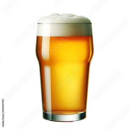 A clear pint glass brimming with golden beer and a creamy foam top isolate on White background