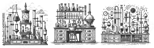Chemistry Lab set collection bundle retro chemistry laboratories filled with glassware, flasks, burners, and scientific instruments sketch engraving generative ai vector illustration. Black and white.