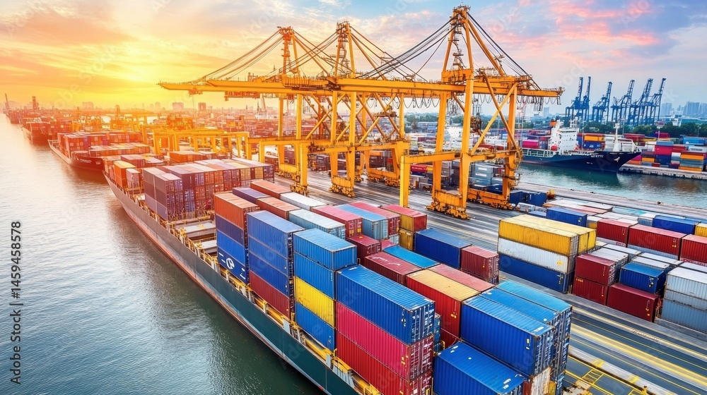 Naklejka premium Shipping containers stacked high at an industrial port terminal.