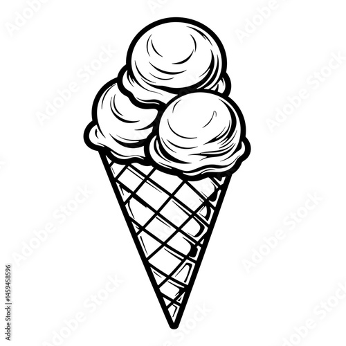 Ice cream scoops in waffle cone, clean line art illustration