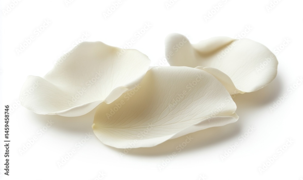 Obraz premium Three delicate, off-white rose petals, smooth and slightly curved, lay against a bright white background