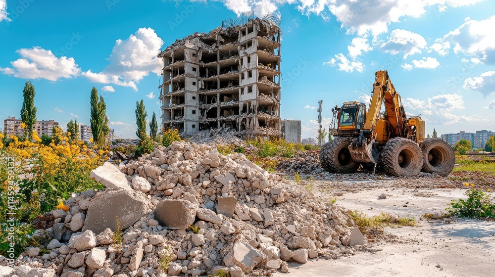 Obraz premium Pile of crushed concrete rubble in foreground with partially collapsed building behind