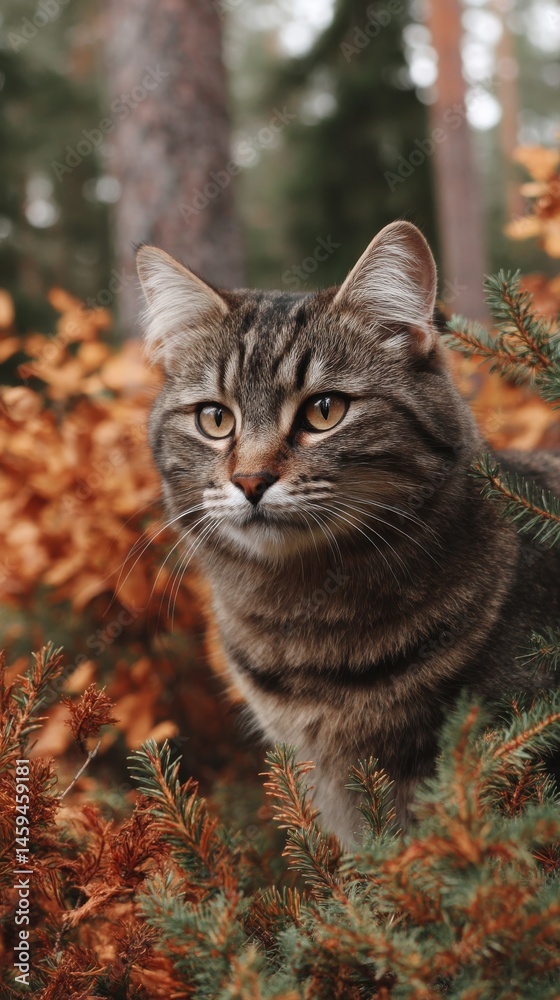 Fototapeta premium Portrait of tabby cat in natural outdoor setting with fall foliage and evergreen needles framing the face