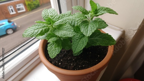 Single mint plant growing fresh in a clay container placed on a windowsill.