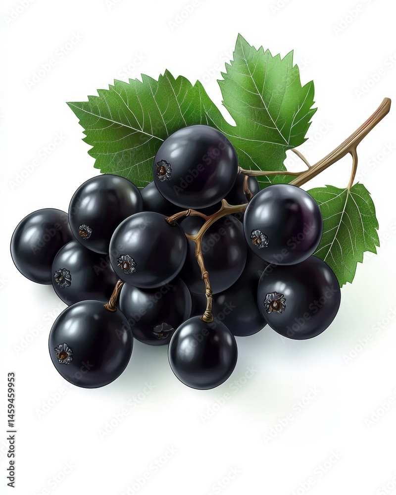 Fresh black currants cluster with leaves. Dark, plump berries on branch Fresh black currants cluster with leaves. Dark, plump berries on branch