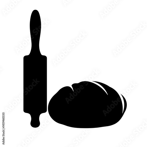 Silhouette of rolling pin next to dough ball on white background, baking concept