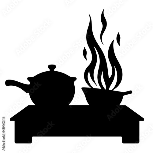 Silhouette of pots cooking over flames, culinary inspiration