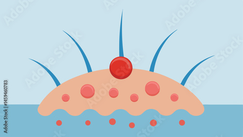 Inflammation Reduction An illustration of a scalp area with inflamed skin cells. Exosomes are shown targeting and calming the inflammation to promote a healthy scalp environment.