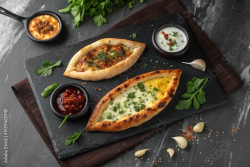 Enjoying delicious khachapuri adjarian, imeretian, and mingrelian on a wooden platter photo
