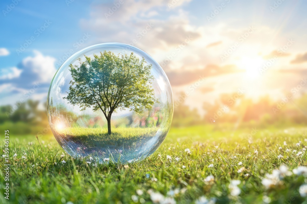 Glass sphere encasing tree on lush meadow Glass sphere encasing tree on lush meadow