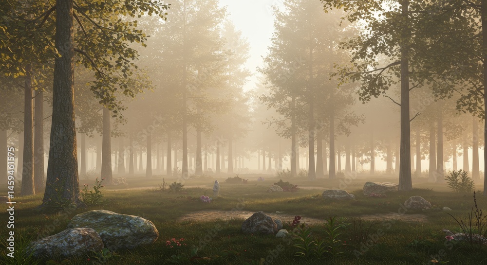 Obraz premium Serene Morning in the Foggy Forest - Mystical morning scene, sunlit path through a dense forest shrouded in fog, evokes tranquility, mystery, and the beauty of nature. Symbolizing peace, serenity