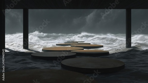 Dark and stormy scene with a large wave crashing against the shore. the sky is filled with dark clouds and the water is choppy and turbulent.