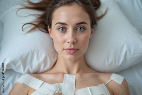 Close-Up Portrait of Female Patient Post-Breast Augmentation Surgery